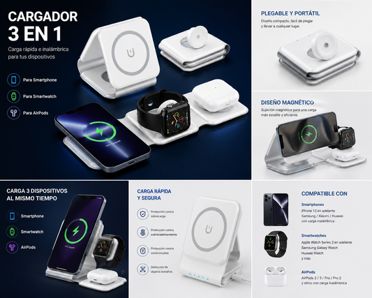 Cargador Inalámbrico Magnético 3 en 1